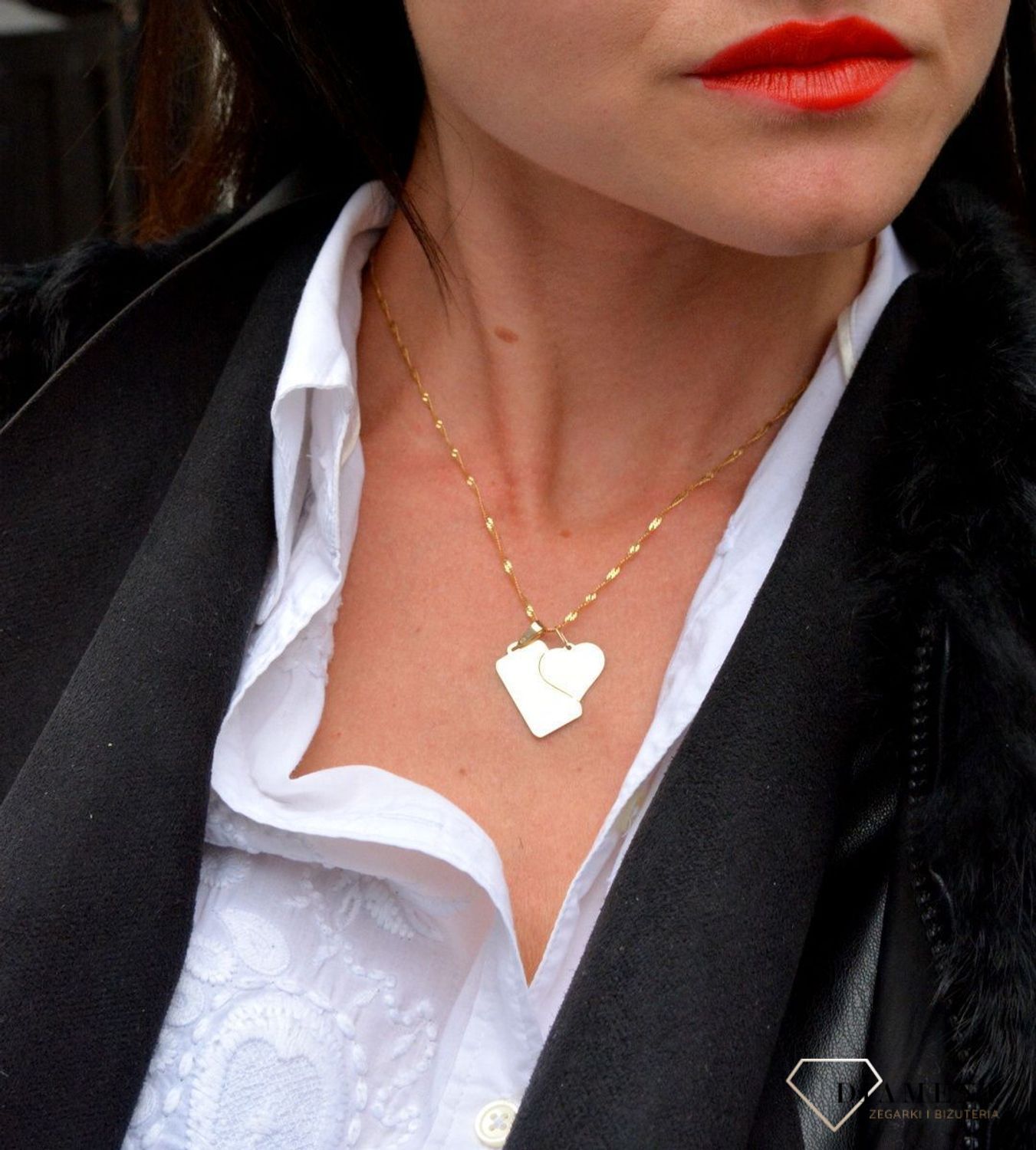 Złota zawieszka łamana dla dwojga serce z nieśmiertelnikiem ZA 2719.jpg